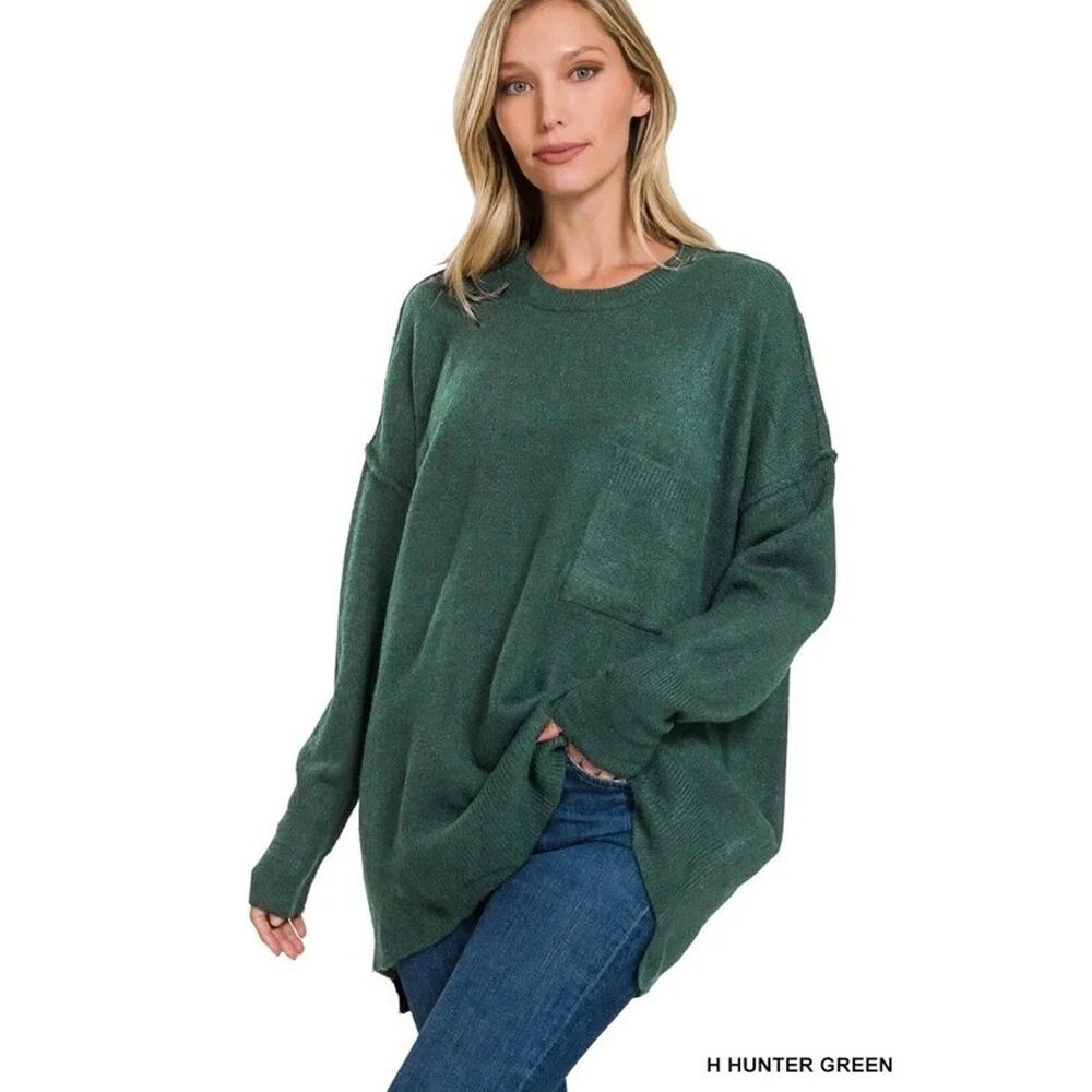 Zenana Sweater Womens Crew Neck Oversized Knit Pullover Cozy Top Green XL